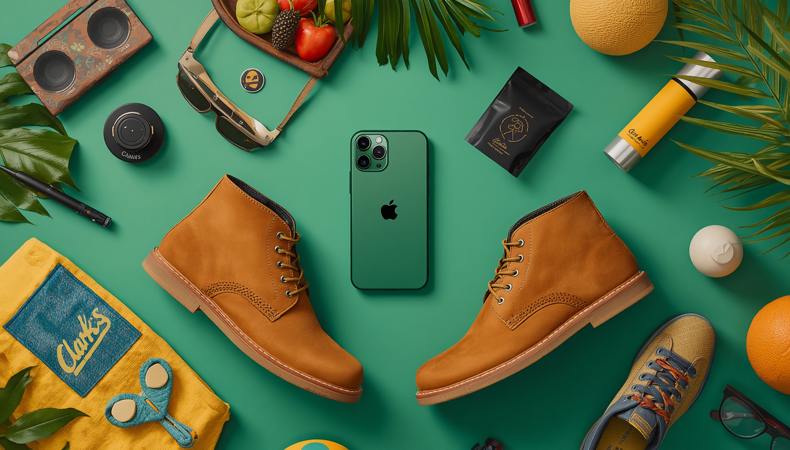 Curated flat lay of products: iPhone, Clarks boots, tropical fruit and Jamaican lifestyle goods